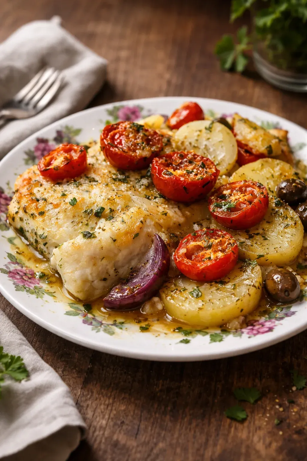 Baccalà al forno con patate, pomodorini e olive
