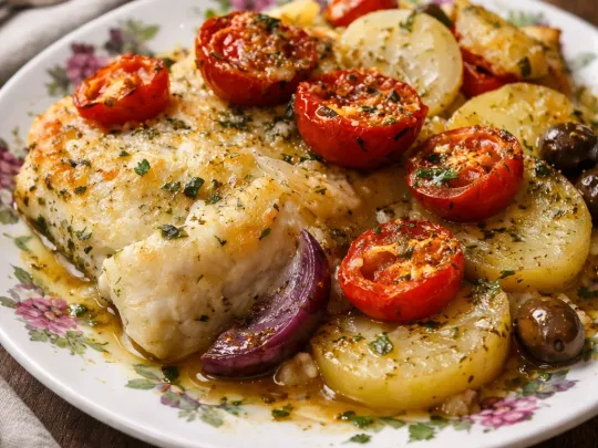 Baccalà al forno con patate, pomodorini e olive