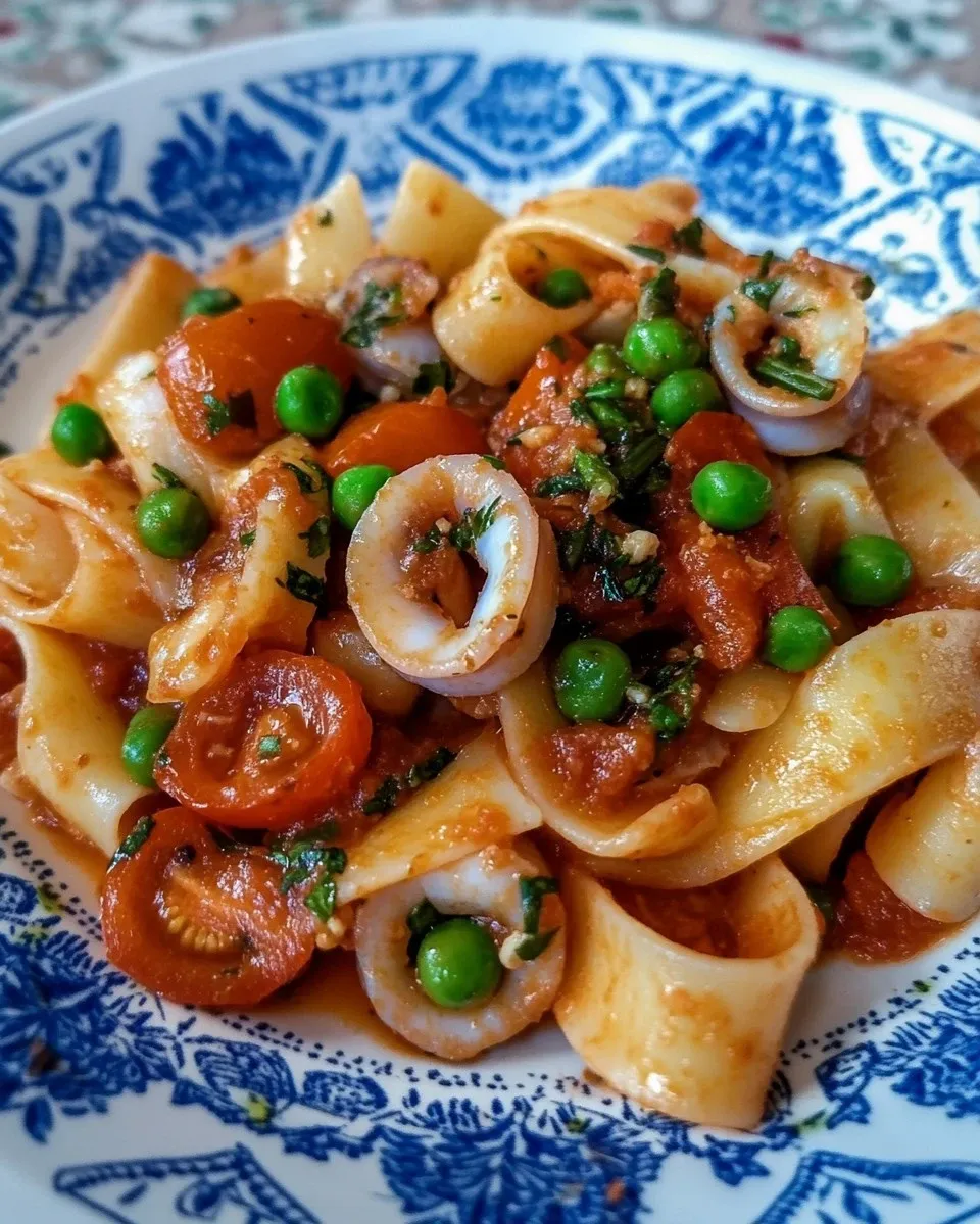 Calamarata con anelli di totano, seppioline e piselli