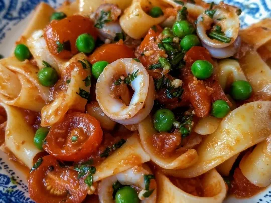 Calamarata con anelli di totano, seppioline e piselli