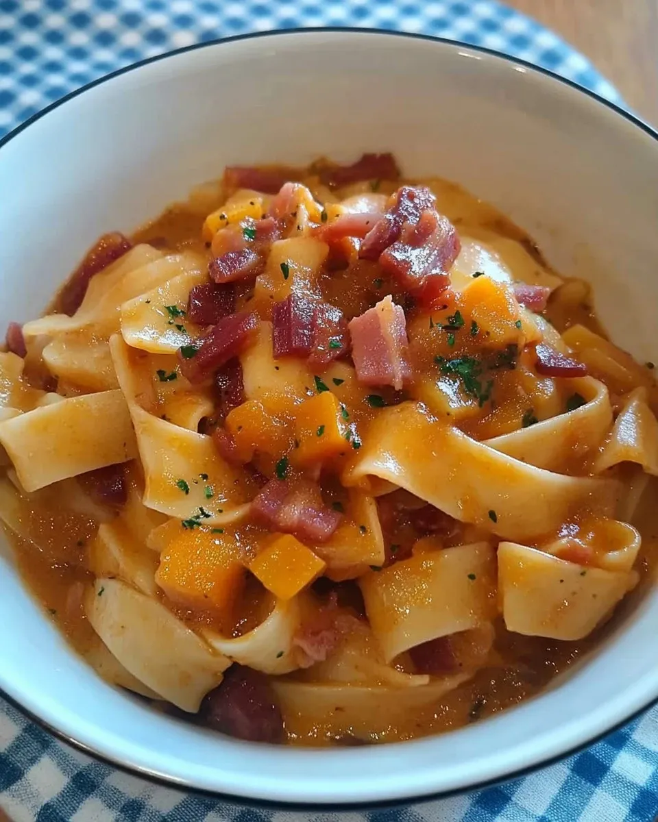 Calamarata con crema di zucca, funghi e speck