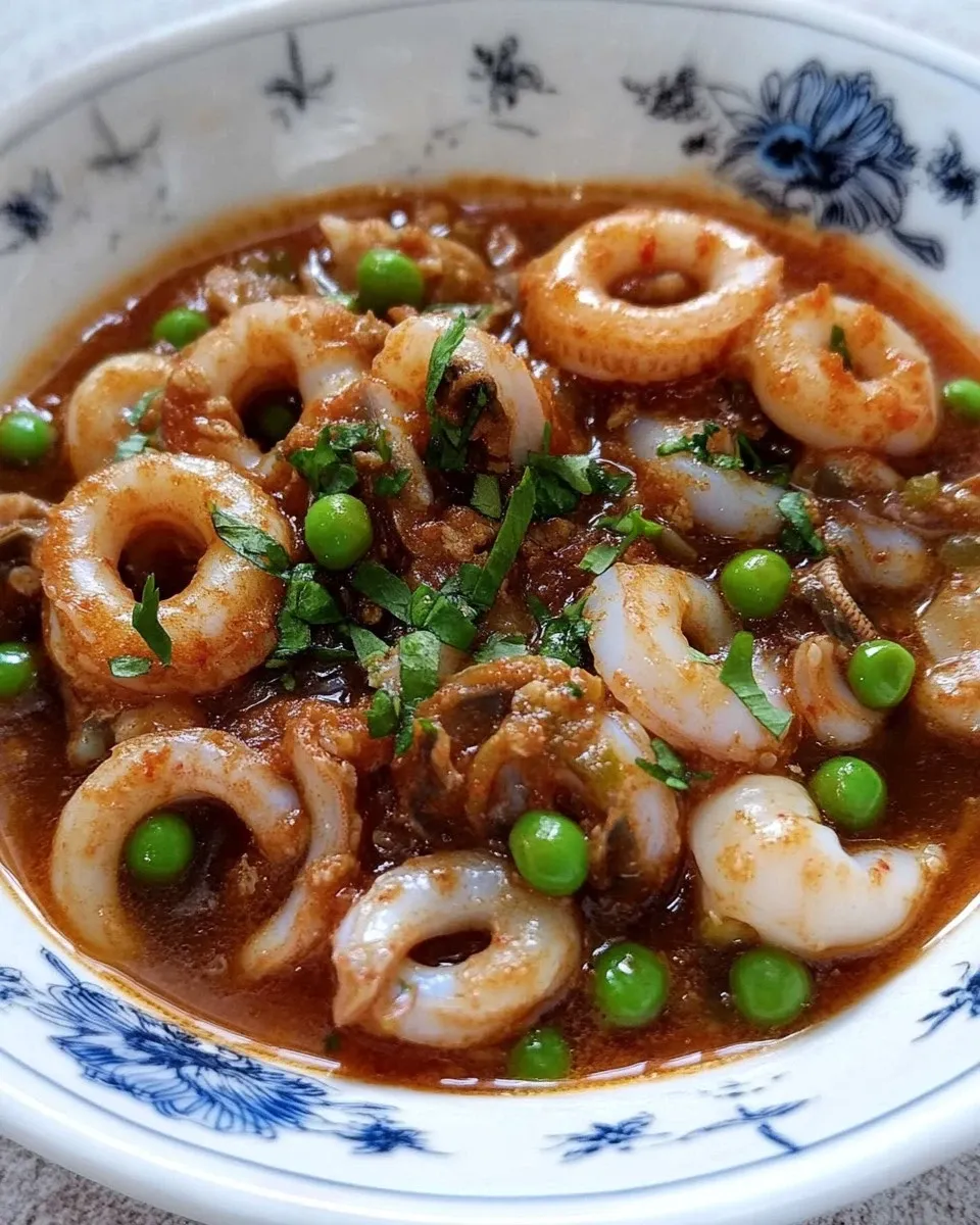 Calamari e seppioline con piselli e pomodori