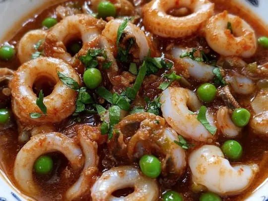 Calamari e seppioline con piselli e pomodori