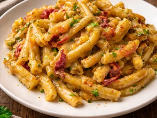Casarecce zucchine, speck, besciamella e pomodorini