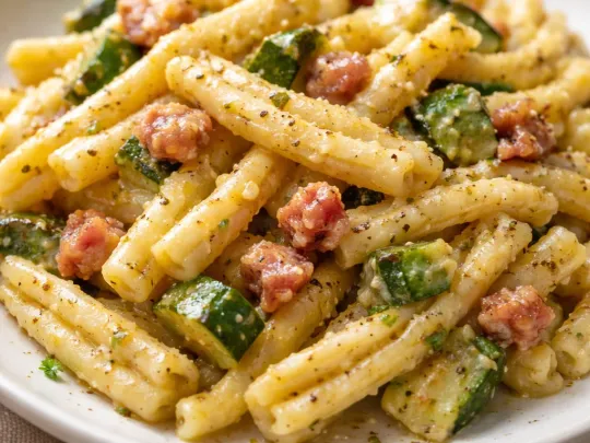 Casarecce con crema di zucchine, pancetta croccante e Philadelphia