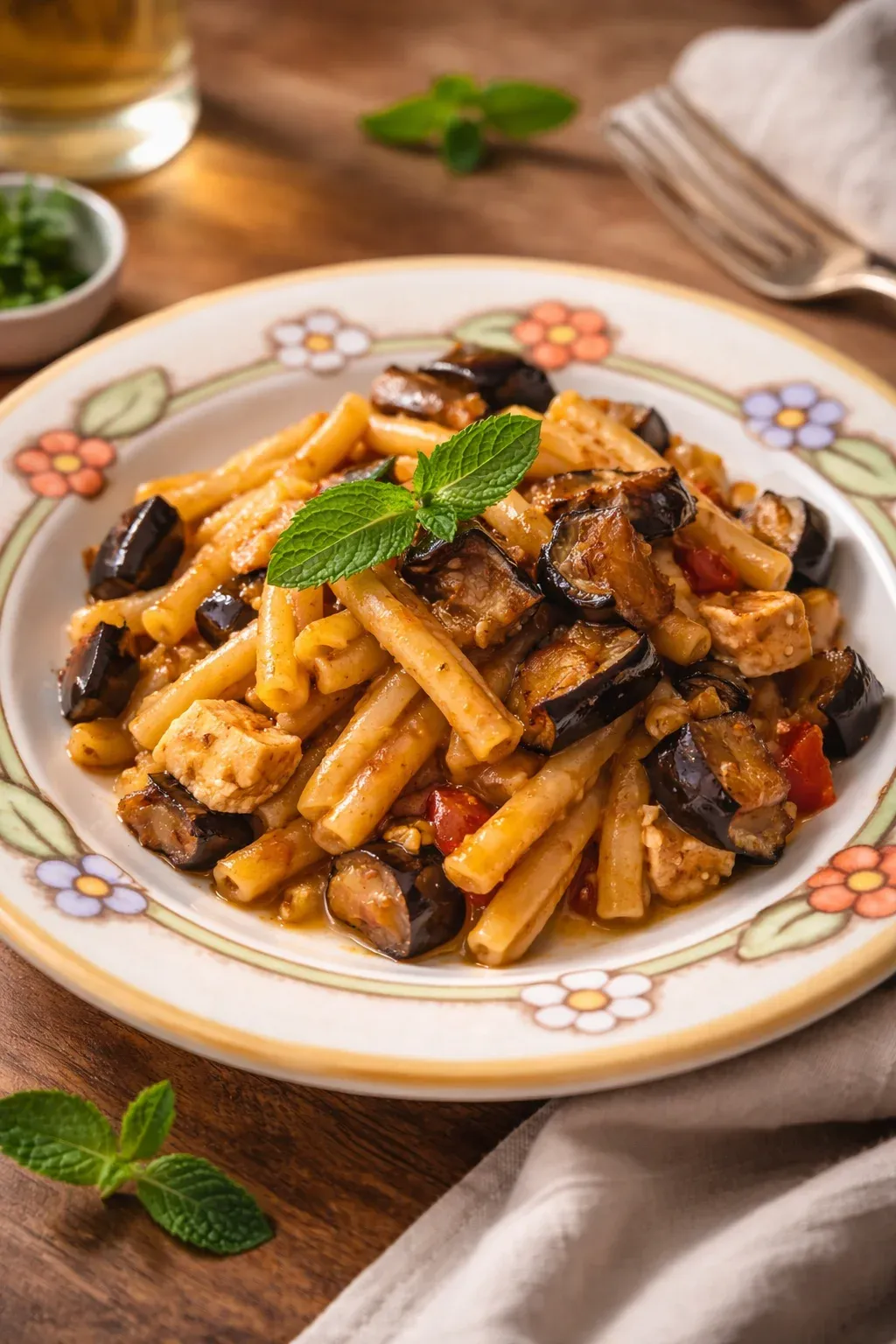 Caserecce con pesce spada, pomodorini e melanzane fritte