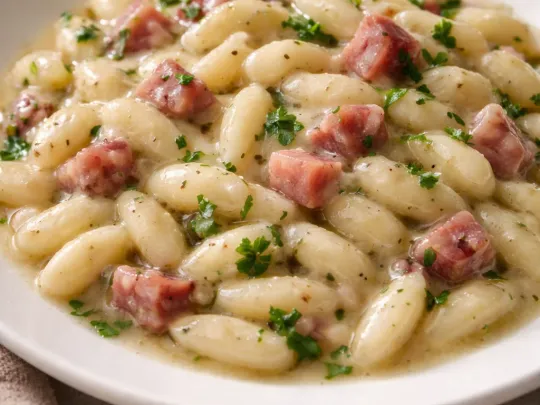 Cavatelli freschi con speck, rucola e crema di patate
