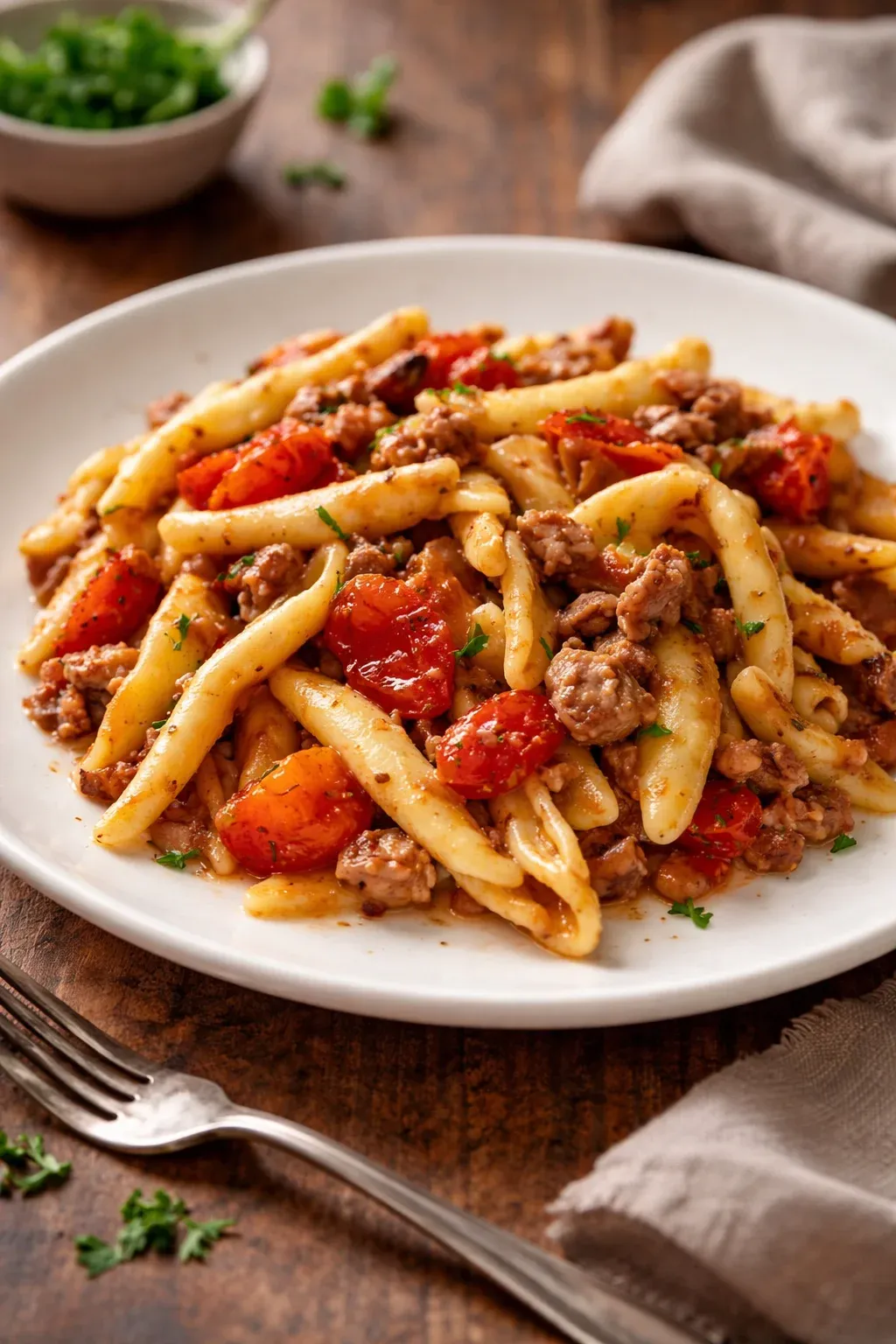 Cortecce con salsiccia, funghi e pomodorini