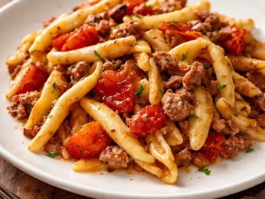 Cortecce con salsiccia, funghi e pomodorini