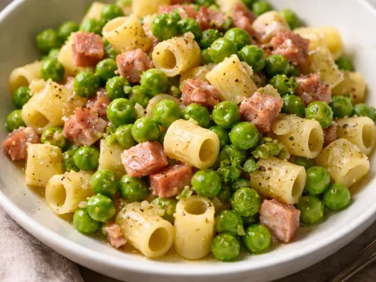 Ditaloni con piselli e pancetta