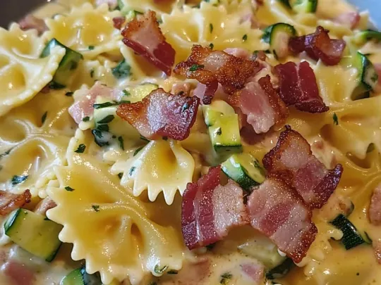 Farfalle con Philadelphia, zucchine e speck croccante