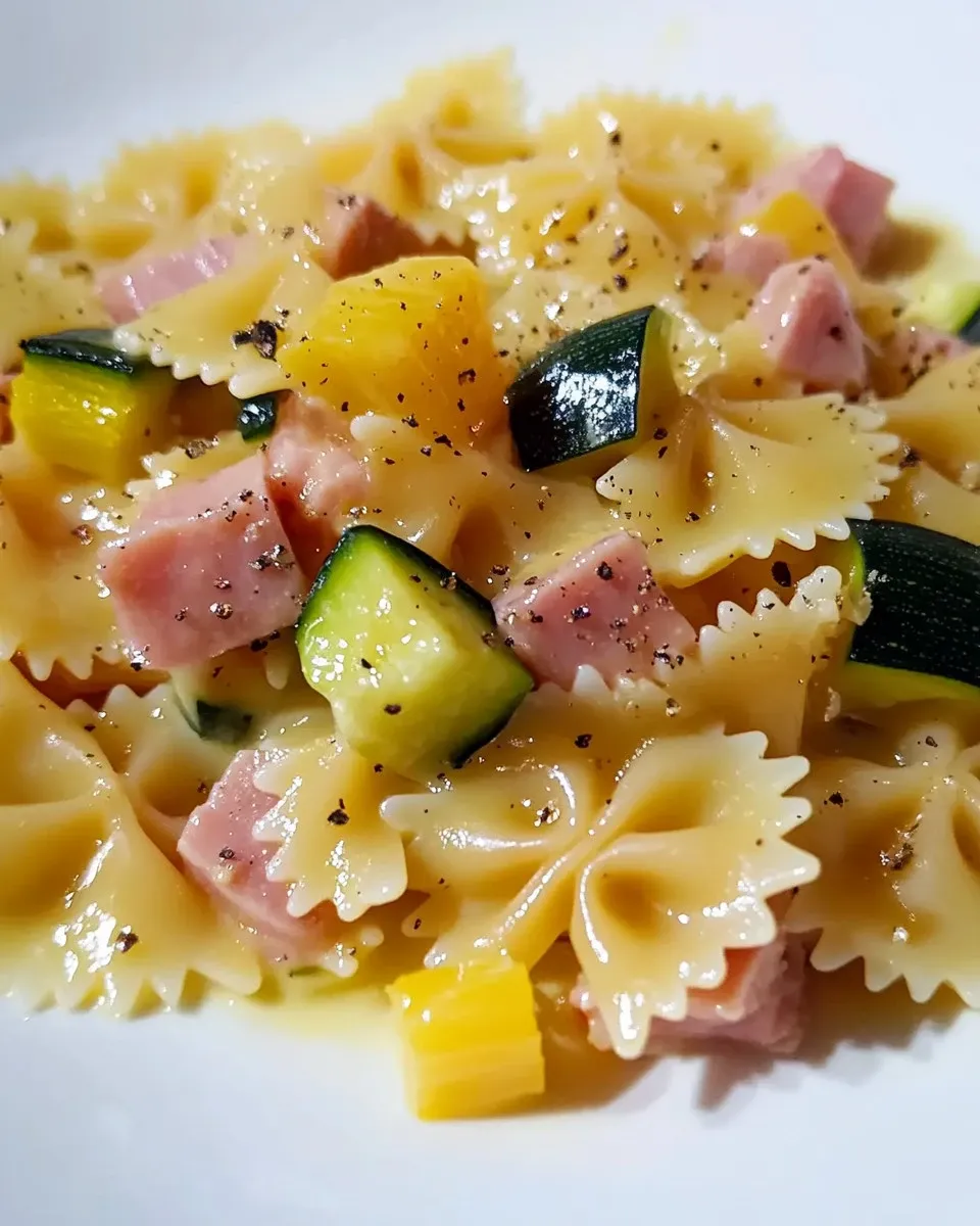 Farfalle con salsa di gorgonzola, zucchine e prosciutto cotto