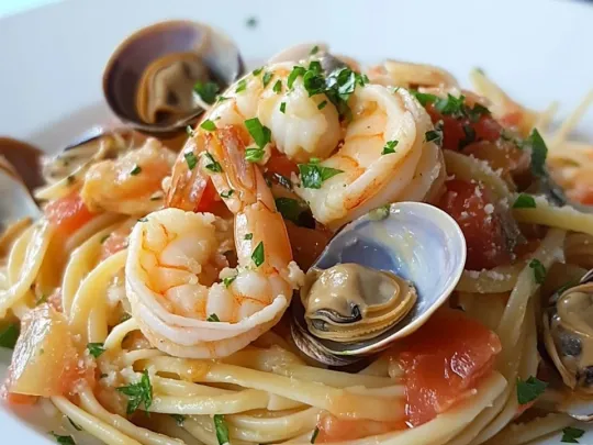 Fettucce con pomodorino, gamberoni, cozze e vongole