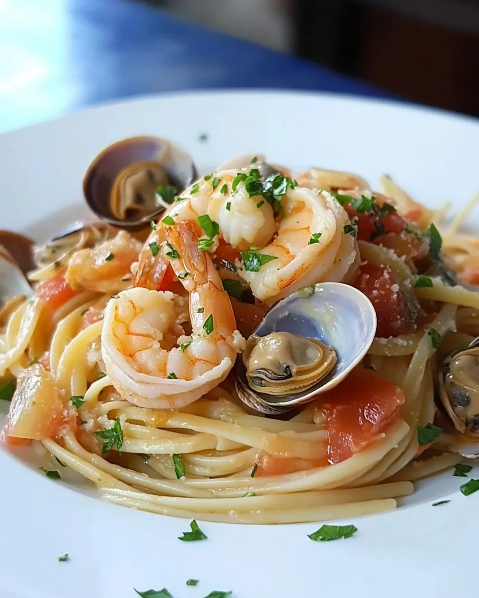 Fettucce con pomodorino, gamberoni, cozze e vongole