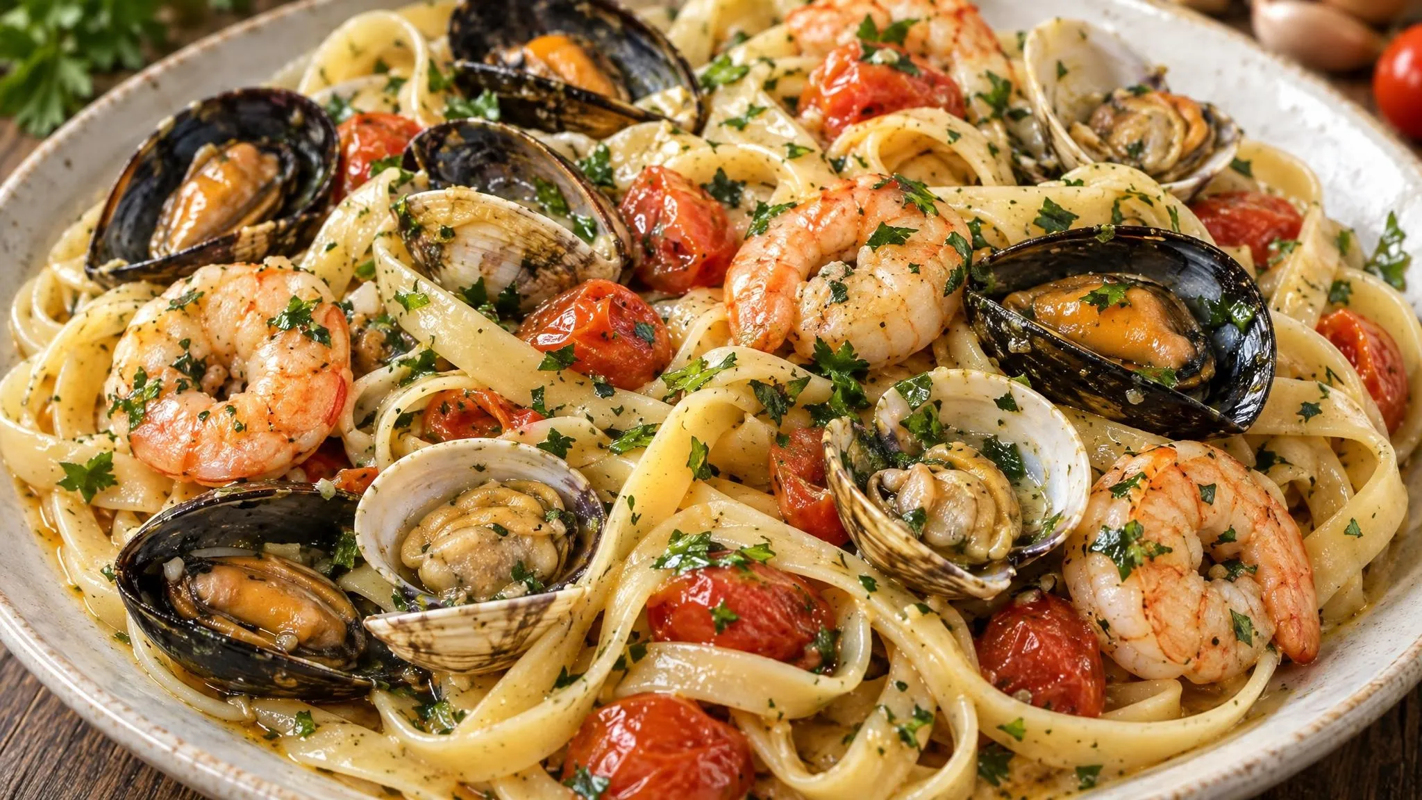 Fettucce ai pomodorini ciliegia con gamberoni, cozze e vongole