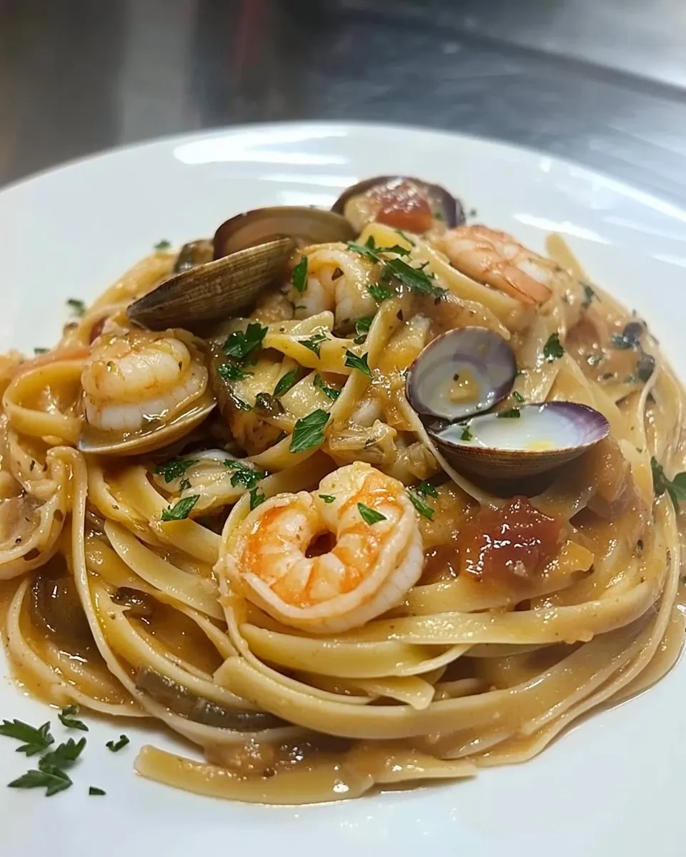 Fettuccine con pomodorini, gamberoni, cozze e vongole