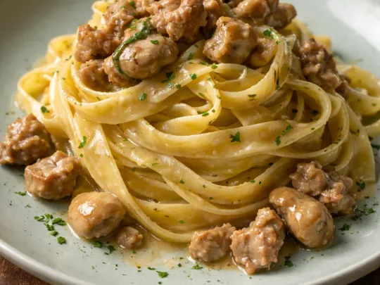Fettuccine con porcini e salsiccia