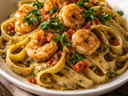 Fettuccine gamberetti, pesto e pomodoro fresco