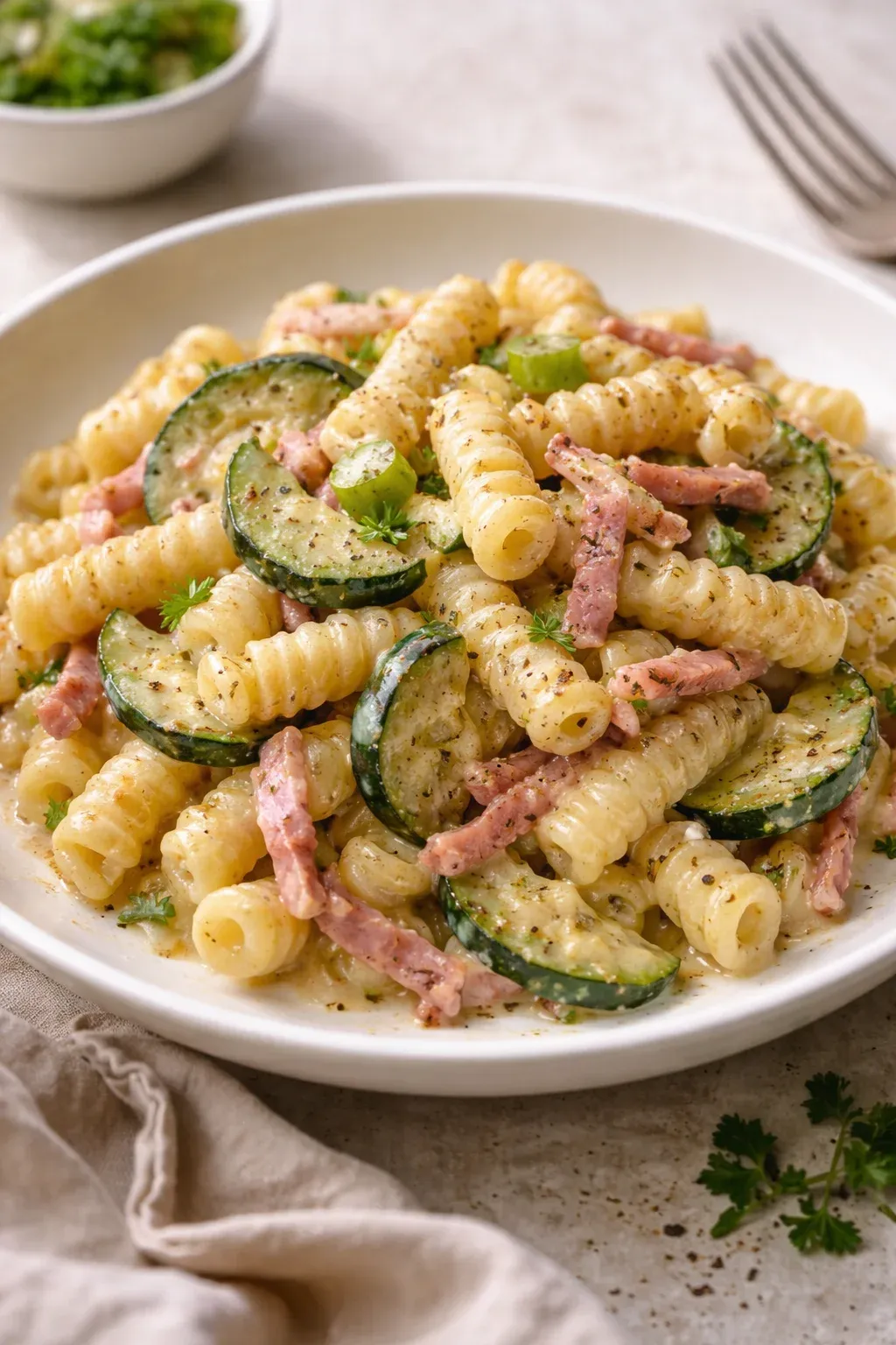 Fusilli con zucchine, speck e robiola