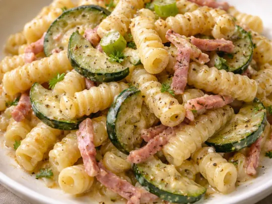 Fusilli con zucchine, speck e robiola