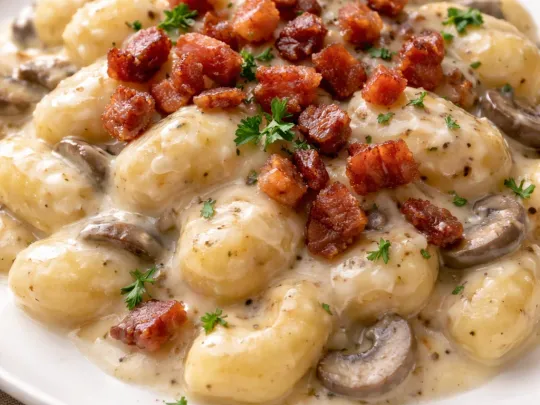 Gnocchi con crema di Parmigiano, funghi e speck