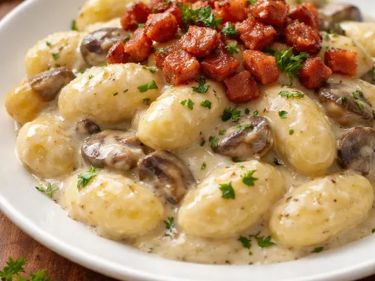 Gnocchi con crema al parmigiano, funghi e speck