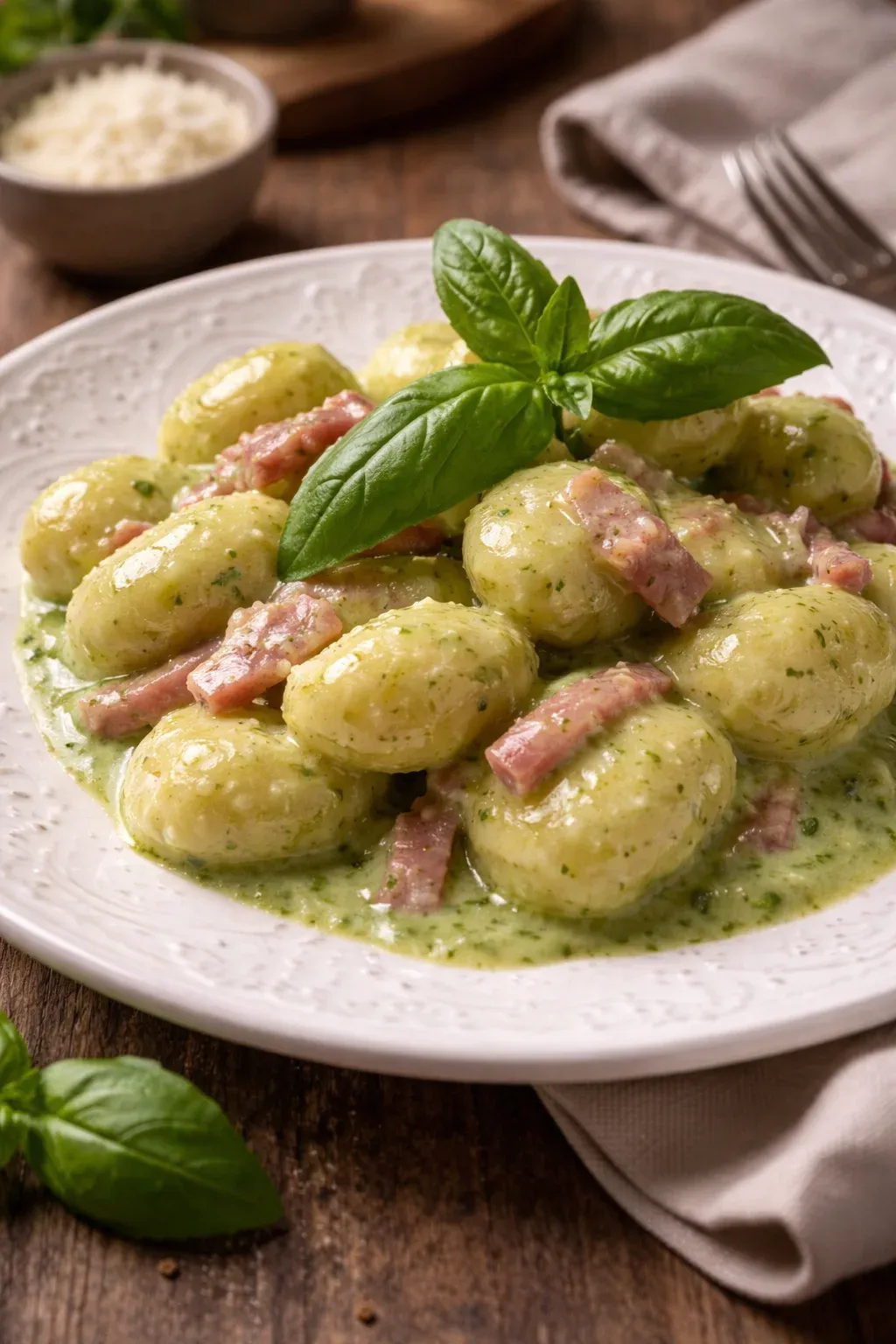 Gnocchi di patate con crema di speck, robiola e pesto