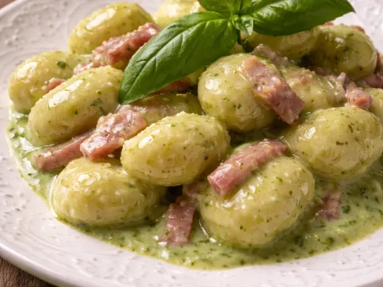 Gnocchi di patate con crema di speck, robiola e pesto