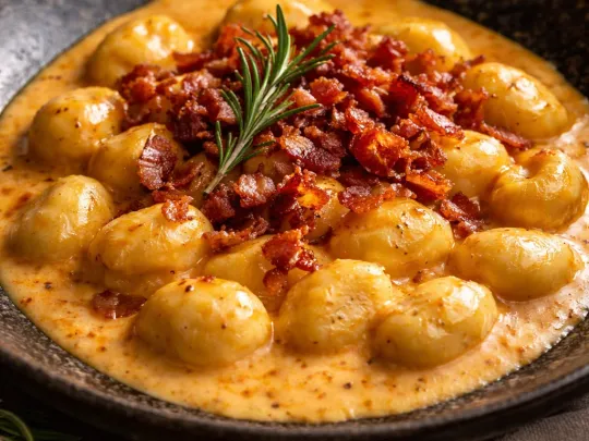 Gnocchi di zucca con crema di speck croccante