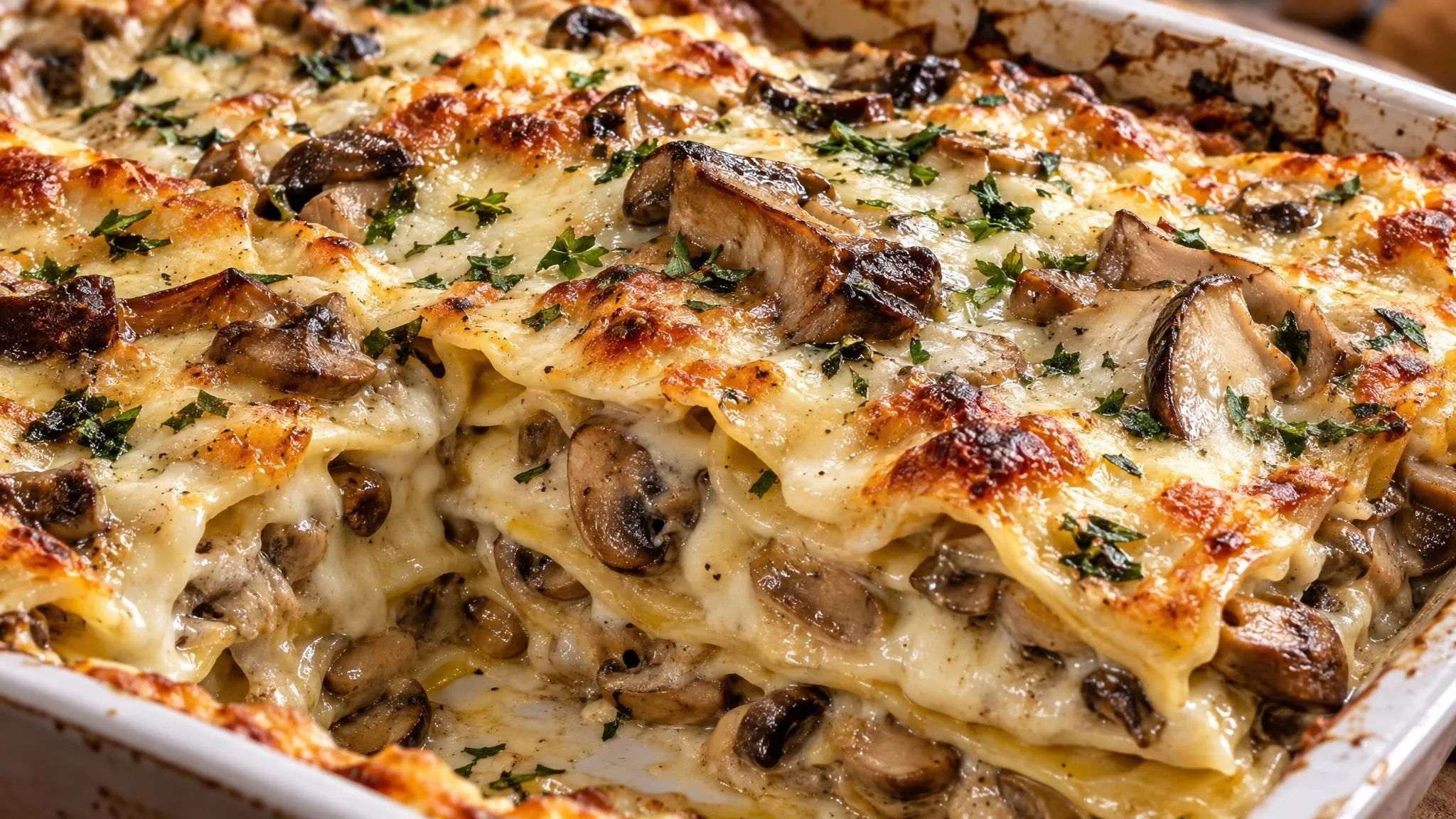 Lasagne in bianco ai funghi porcini, champignon e cardoncello