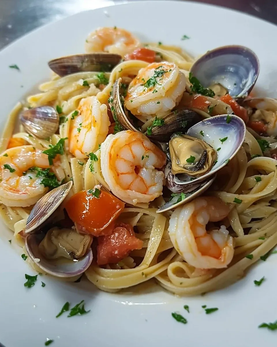 Linguine con pomodorini, gamberoni, cozze e vongole