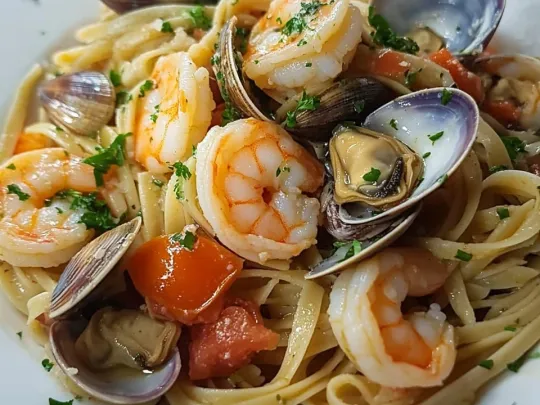 Linguine con pomodorini, gamberoni, cozze e vongole