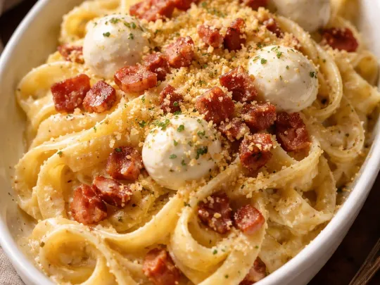Linguine con pesto di pistacchio, mozzarella di bufala e pancetta