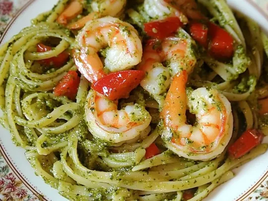 Linguine vongole, gamberetti e pesto