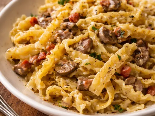 Mafaldine con crema di funghi e pancetta