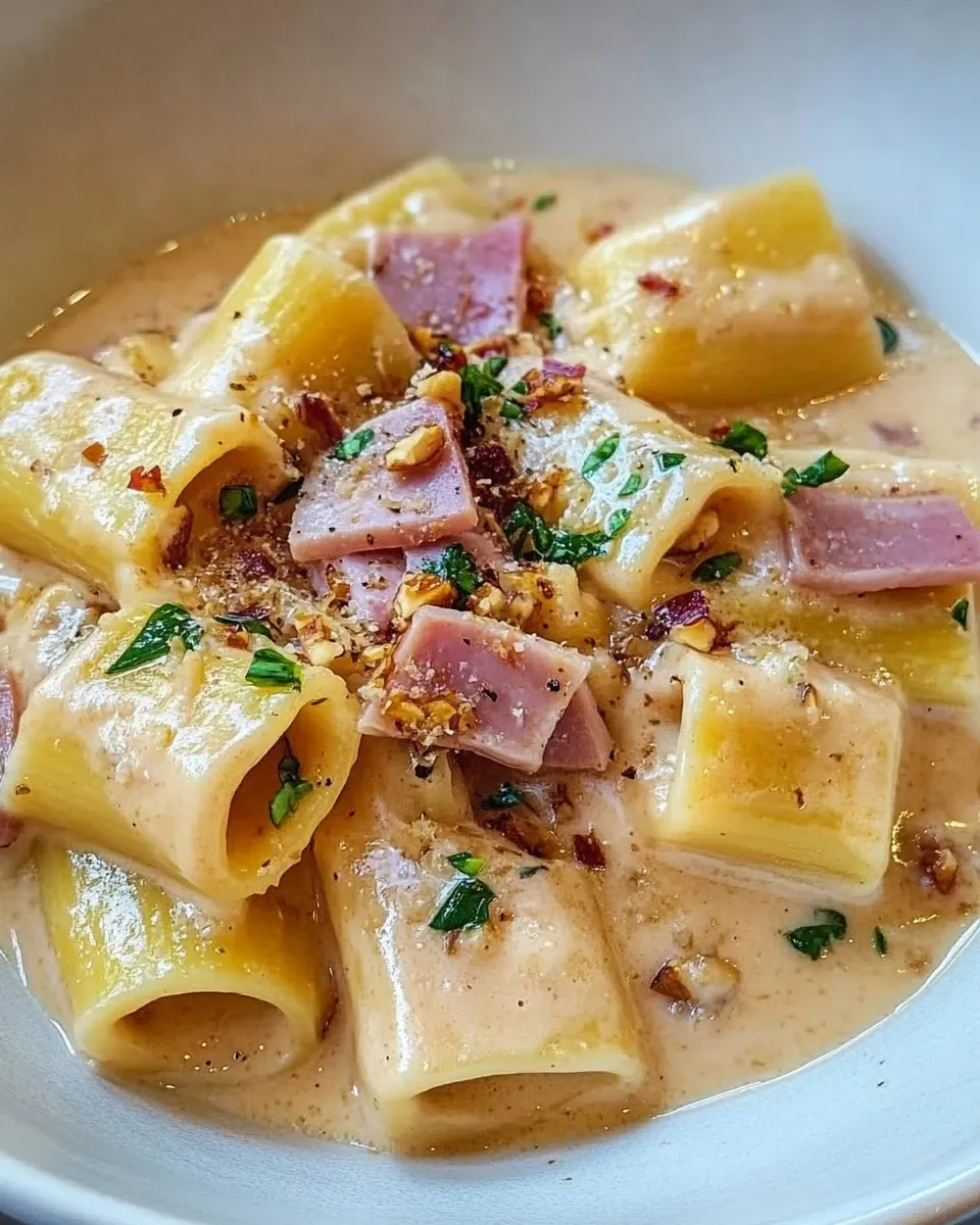 Mezzi paccheri cipolla di Tropea, nocciole, rucola e brie