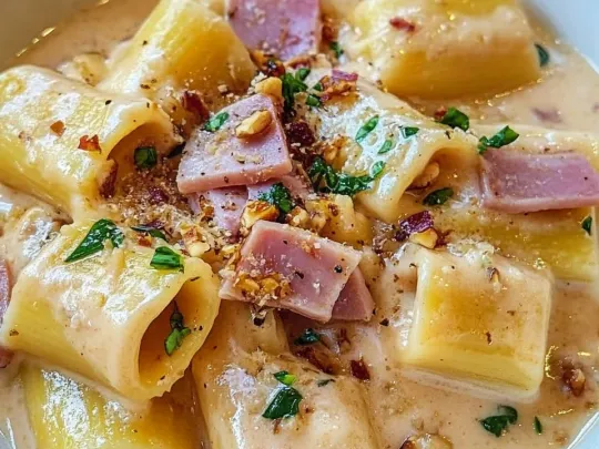 Mezzi paccheri cipolla di Tropea, nocciole, rucola e brie