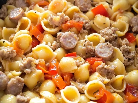 Orecchiette con peperoni e salsiccia