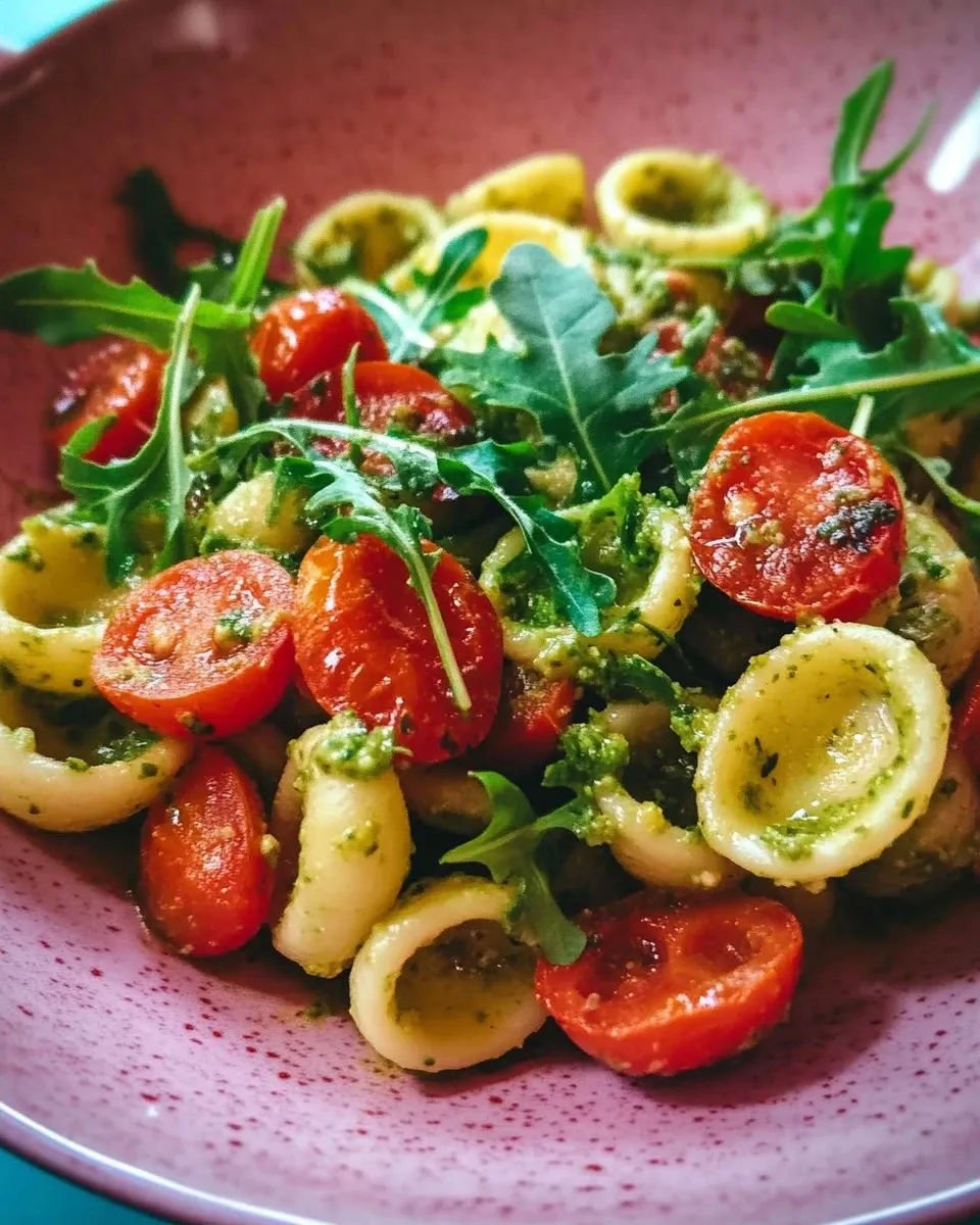 Orecchiette con pomodorini datterini e pesto di rucola