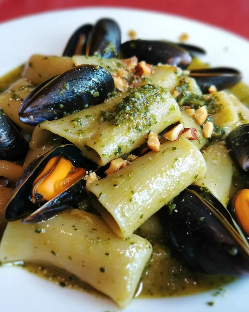 Paccheri con cozze e pesto di pistacchio