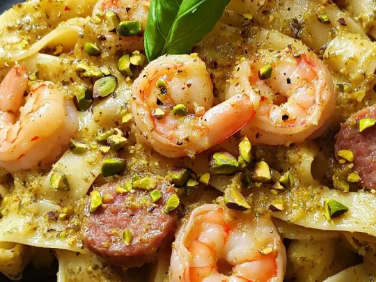Paccheri con crema di pistacchi e gamberi