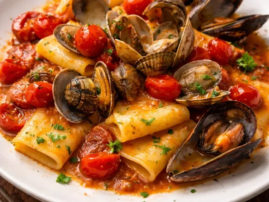 Paccheri con pomodorini e frutti di mare
