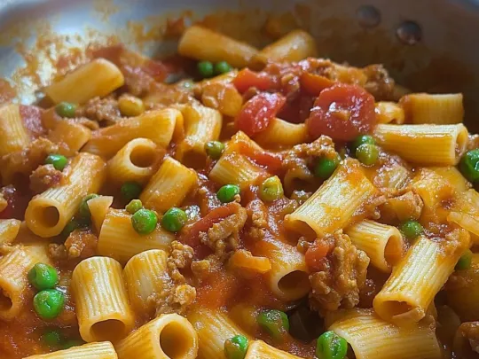 Paccheri con tonno, piselli, olive, cipolla e pomodoro ciliegino
