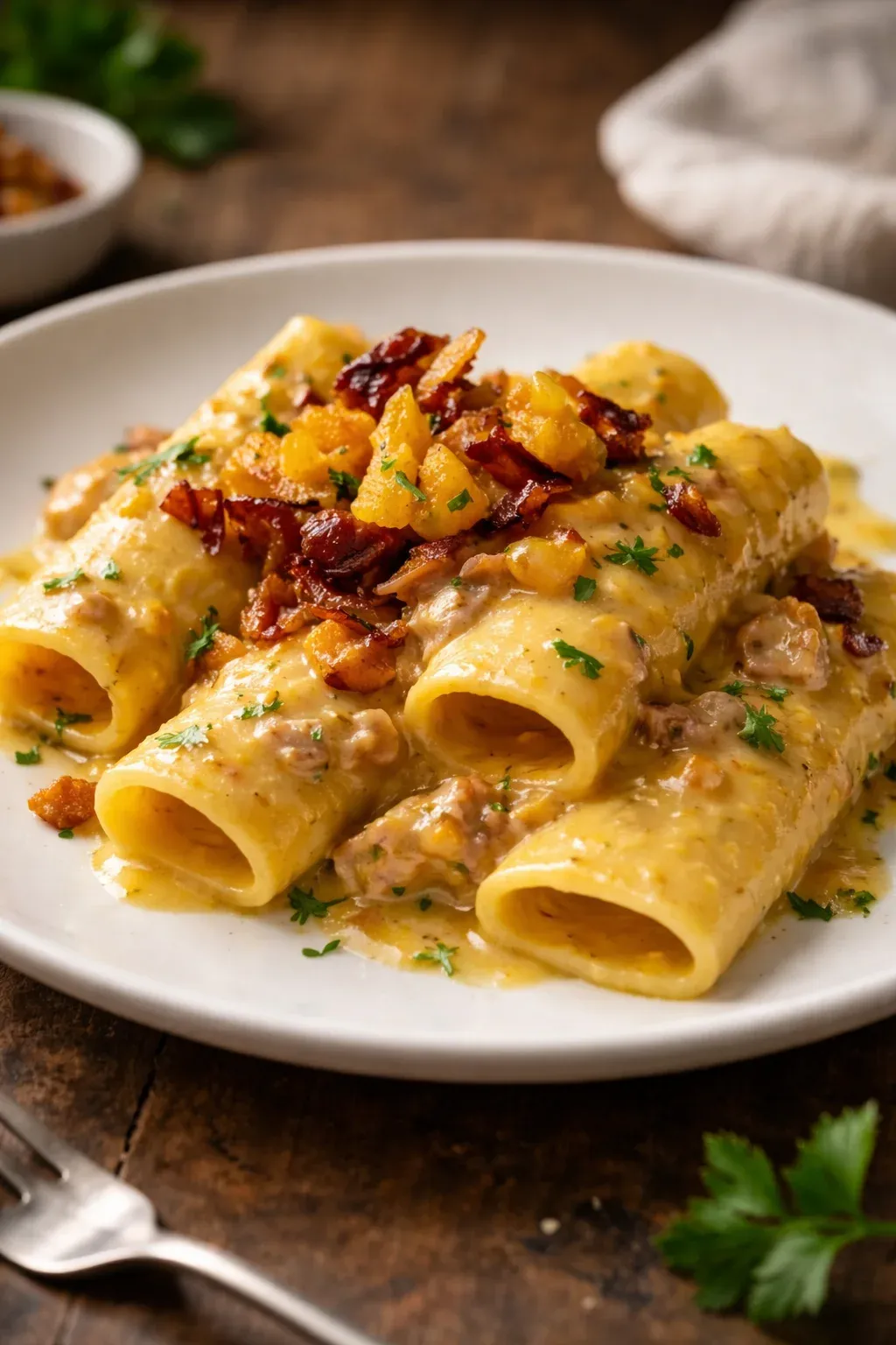 Paccheri con crema di zucca e speck