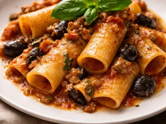 Paccheri con melanzane e salsiccia