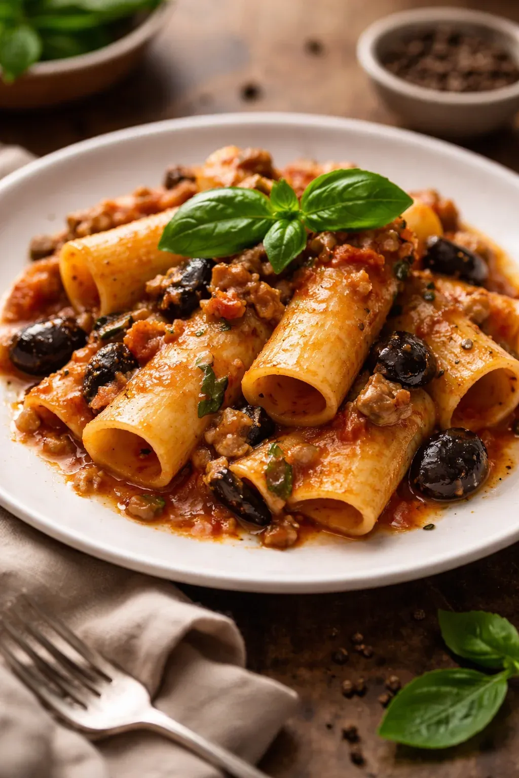Paccheri con melanzane e salsiccia