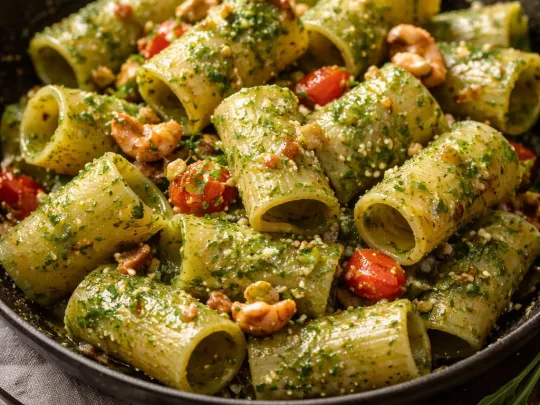 Paccheri rigati di Gragnano con pesto di rucola, pomodorini, noci e gamberetti