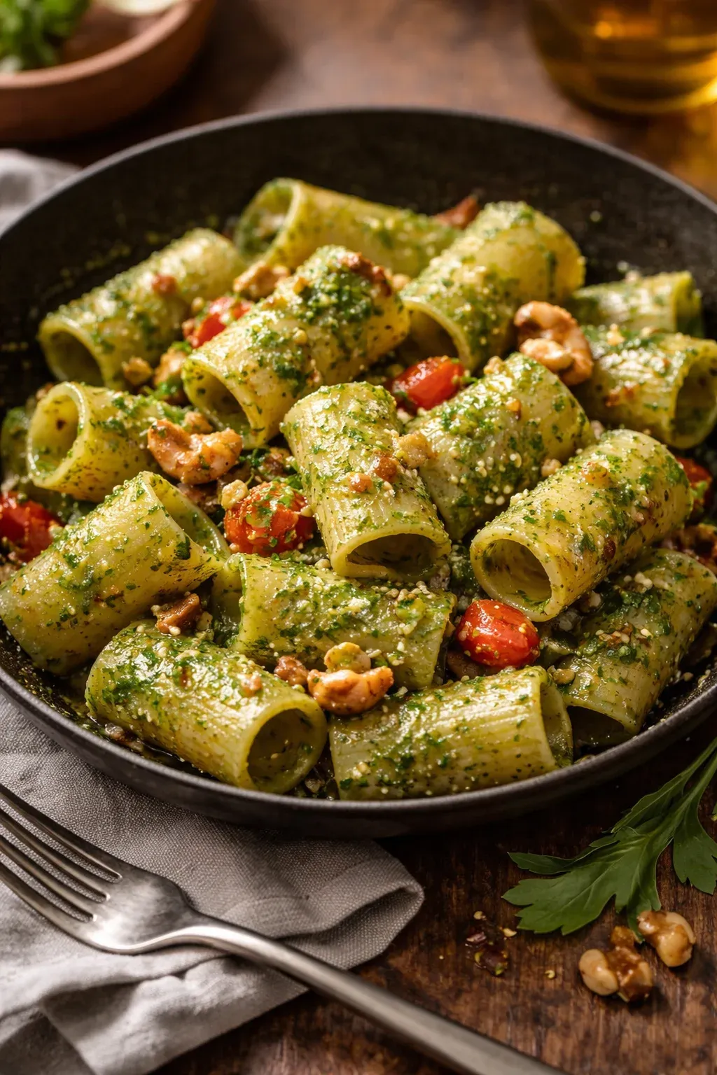 Paccheri rigati di Gragnano con pesto di rucola, pomodorini, noci e gamberetti