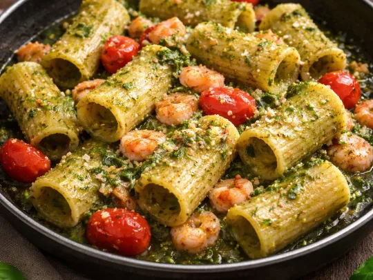 Paccheri rigati con pesto di rucola e gamberetti