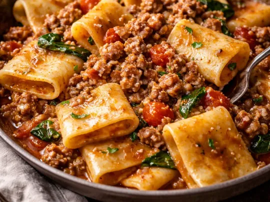 Paccheri con salsiccia, funghi e pomodorini